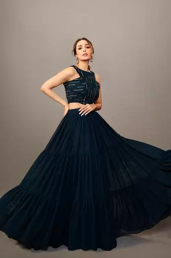 Women Stylish Navy Blue Embellished Top with Solid Skirt