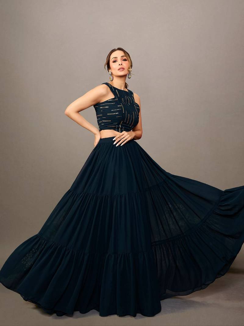 Women Stylish Navy Blue Embellished Top with Solid Skirt