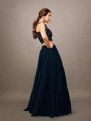 Women Stylish Navy Blue Embellished Top with Solid Skirt 3