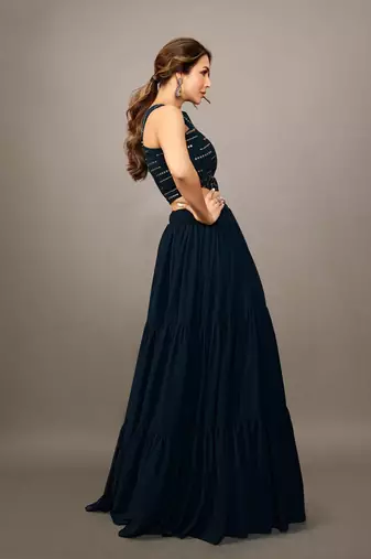 Women Stylish Navy Blue Embellished Top with Solid Skirt
