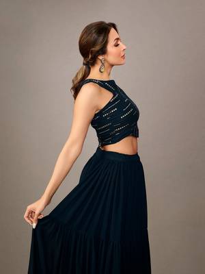 Women Stylish Navy Blue Embellished Top with Solid Skirt 4