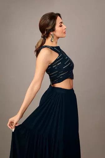 Women Stylish Navy Blue Embellished Top with Solid Skirt