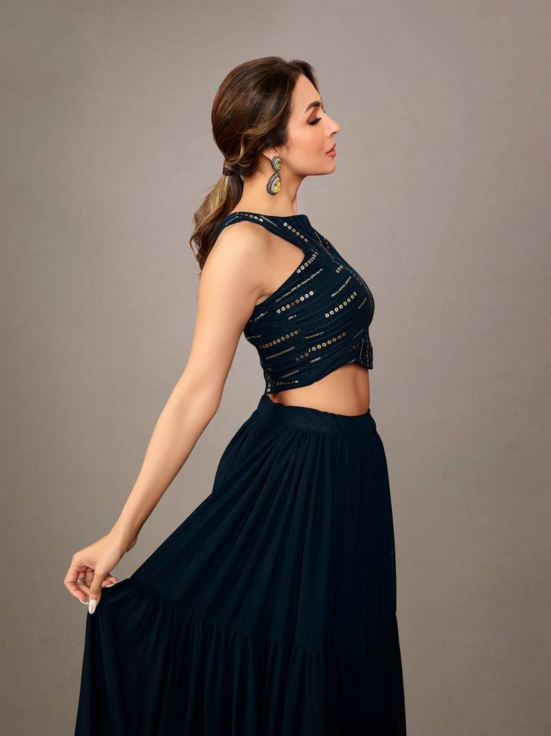Women Stylish Navy Blue Embellished Top with Solid Skirt