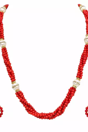 Red coral bead multi-strand necklace and earrings jewellery set