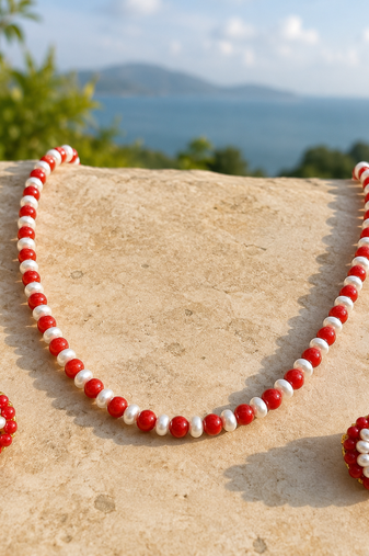 Red coral and pearl beaded necklace and earrings jewellery set