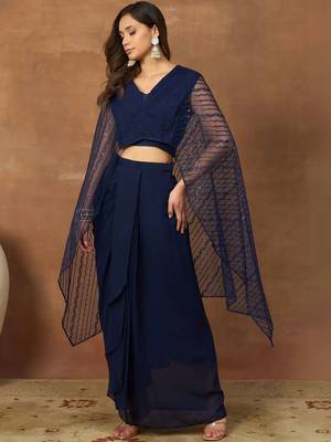 Women Striped Thread and Sequinned Embroidered Top with Skirt Co-Ords Set 1