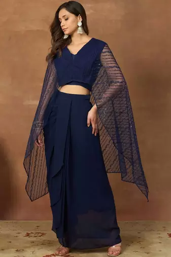 Women Striped Thread and Sequinned Embroidered Top with Skirt Co-Ords Set