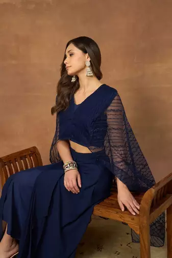 Women Striped Thread and Sequinned Embroidered Top with Skirt Co-Ords Set