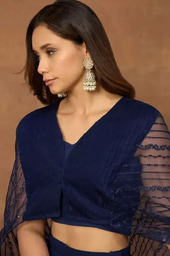 Women Striped Thread and Sequinned Embroidered Top with Skirt Co-Ords Set