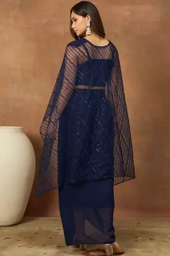 Women Striped Thread and Sequinned Embroidered Top with Skirt Co-Ords Set