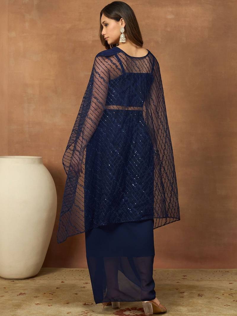 Women Striped Thread and Sequinned Embroidered Top with Skirt Co-Ords Set