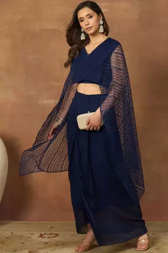 Women Striped Thread and Sequinned Embroidered Top with Skirt Co-Ords Set