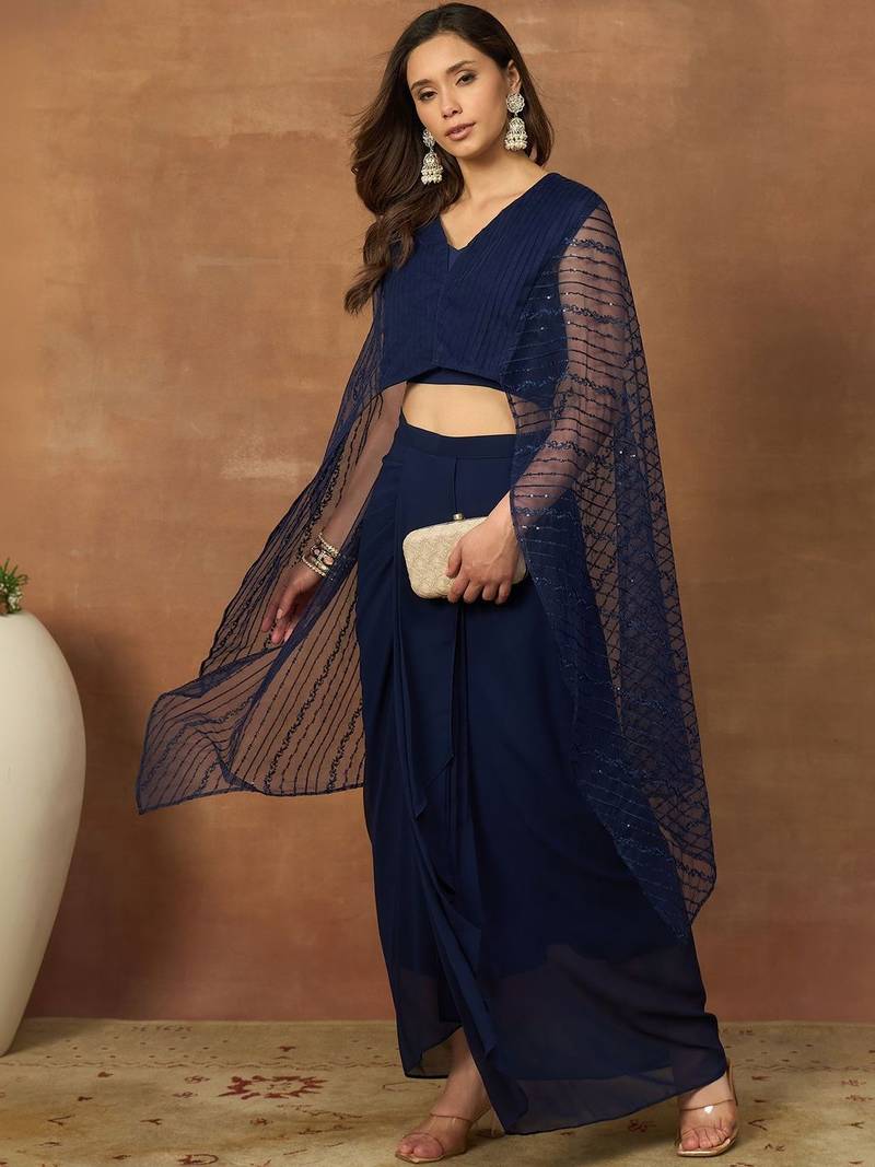 Women Striped Thread and Sequinned Embroidered Top with Skirt Co-Ords Set