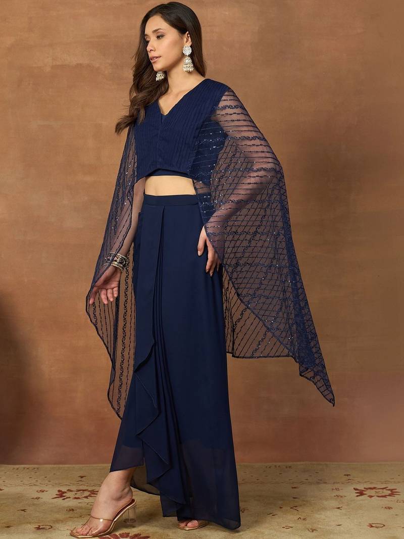 Women Striped Thread and Sequinned Embroidered Top with Skirt Co-Ords Set