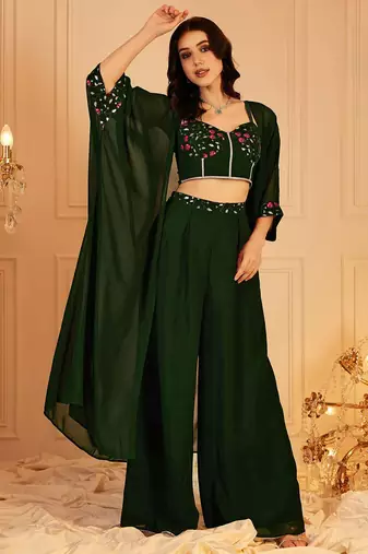 Embellished Indo Fusion Top & Palazzos With Shrug