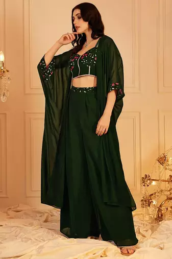 Embellished Indo Fusion Top & Palazzos With Shrug