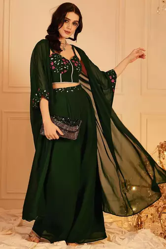 Embellished Indo Fusion Top & Palazzos With Shrug