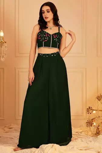 Embellished Indo Fusion Top & Palazzos With Shrug