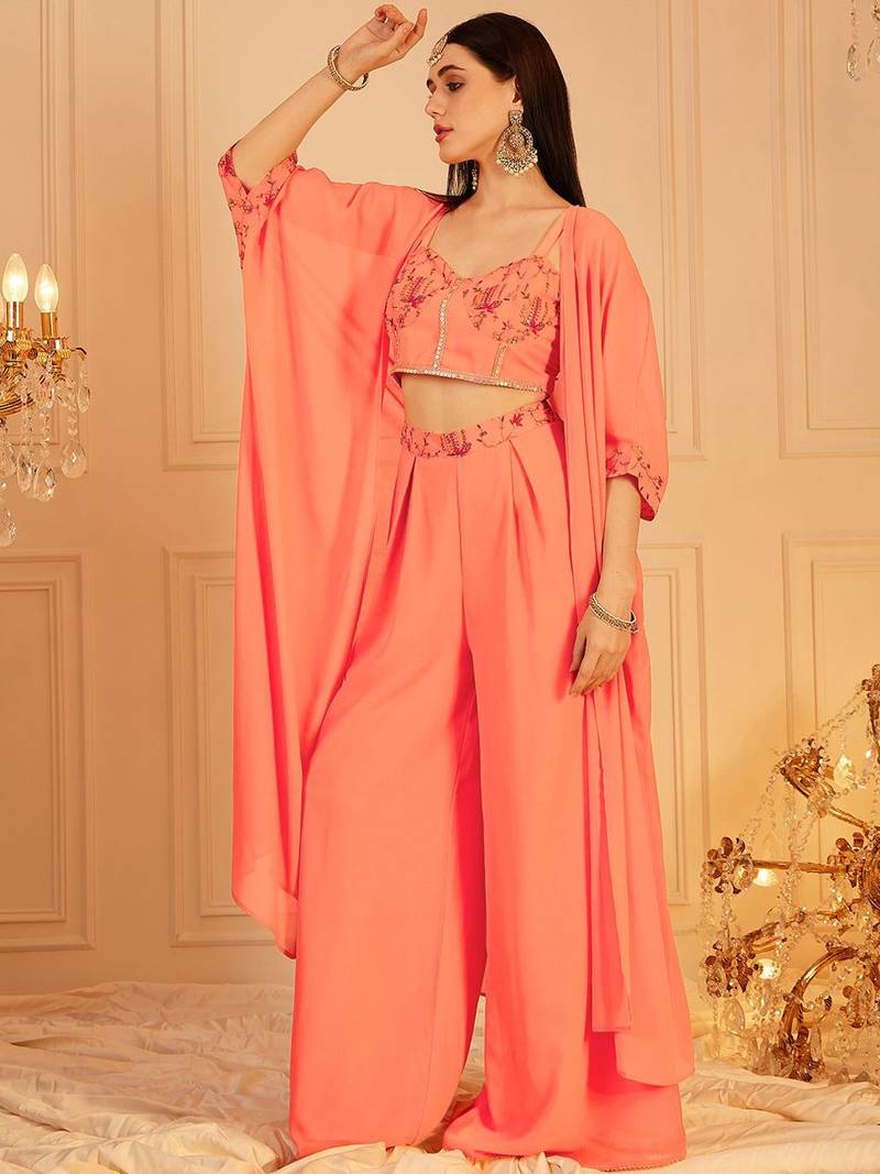 Embroidered Top, Palazzo With Shrug Co-Ords