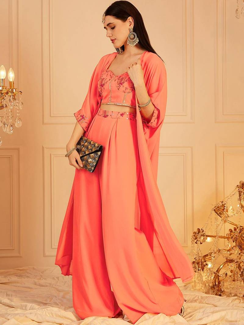 Embroidered Top, Palazzo With Shrug Co-Ords
