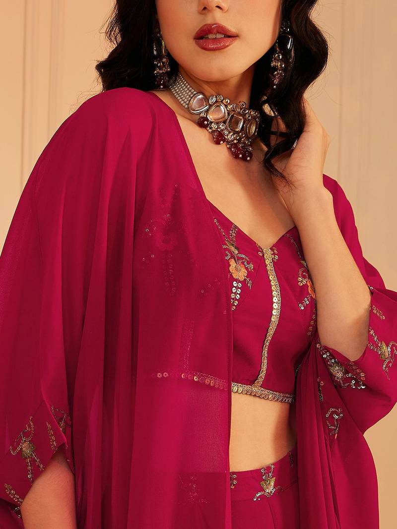 Embroidered Top & Palazzos With Shrug Co-Ords