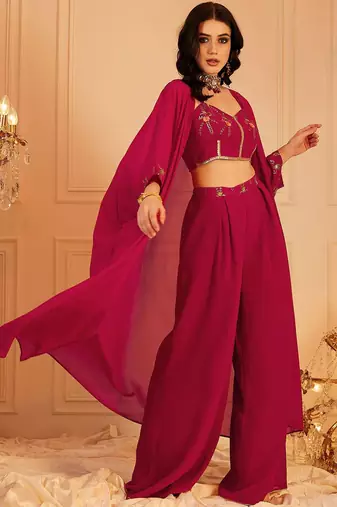 Embroidered Top & Palazzos With Shrug Co-Ords