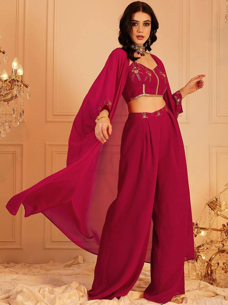 Embroidered Top & Palazzos With Shrug Co-Ords