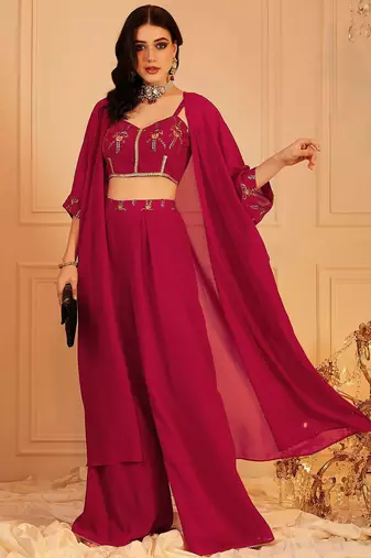 Embroidered Top & Palazzos With Shrug Co-Ords