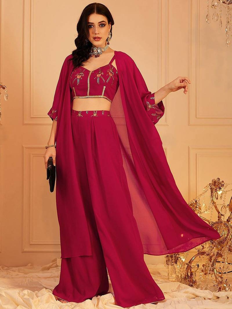 Embroidered Top & Palazzos With Shrug Co-Ords