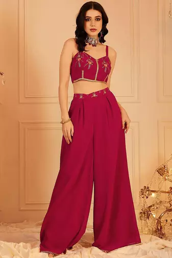 Embroidered Top & Palazzos With Shrug Co-Ords