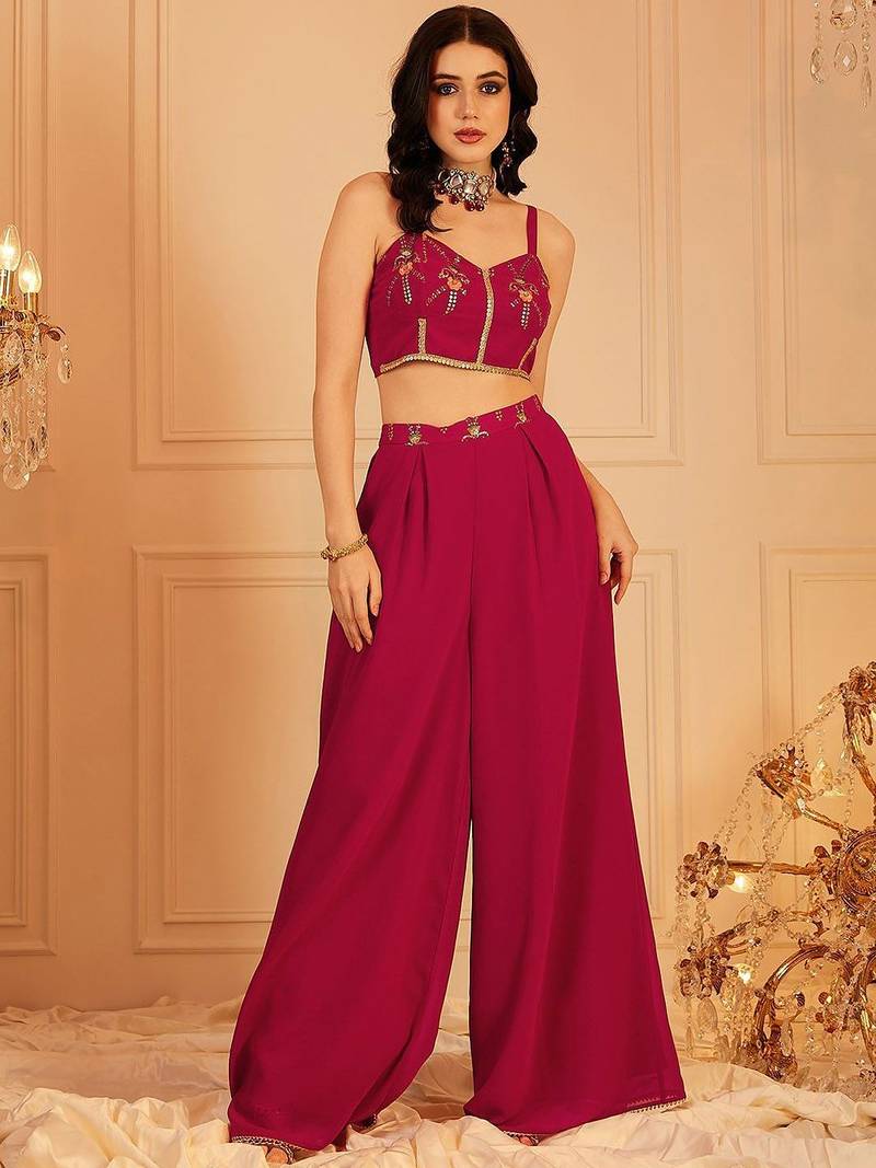 Embroidered Top & Palazzos With Shrug Co-Ords