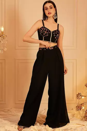 Embroidered Top & Palazzo With Shrug Co-Ords