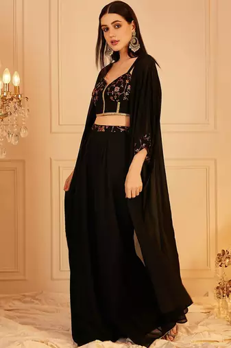 Embroidered Top & Palazzo With Shrug Co-Ords