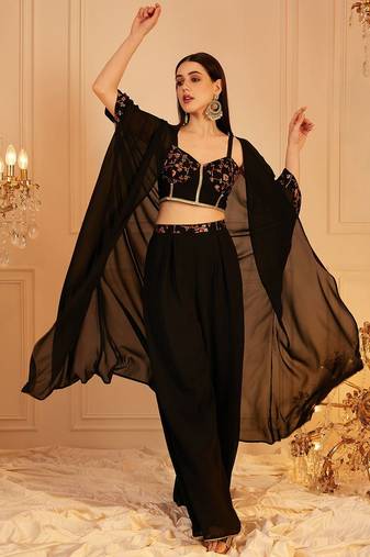 Embroidered Top & Palazzo With Shrug Co-Ords