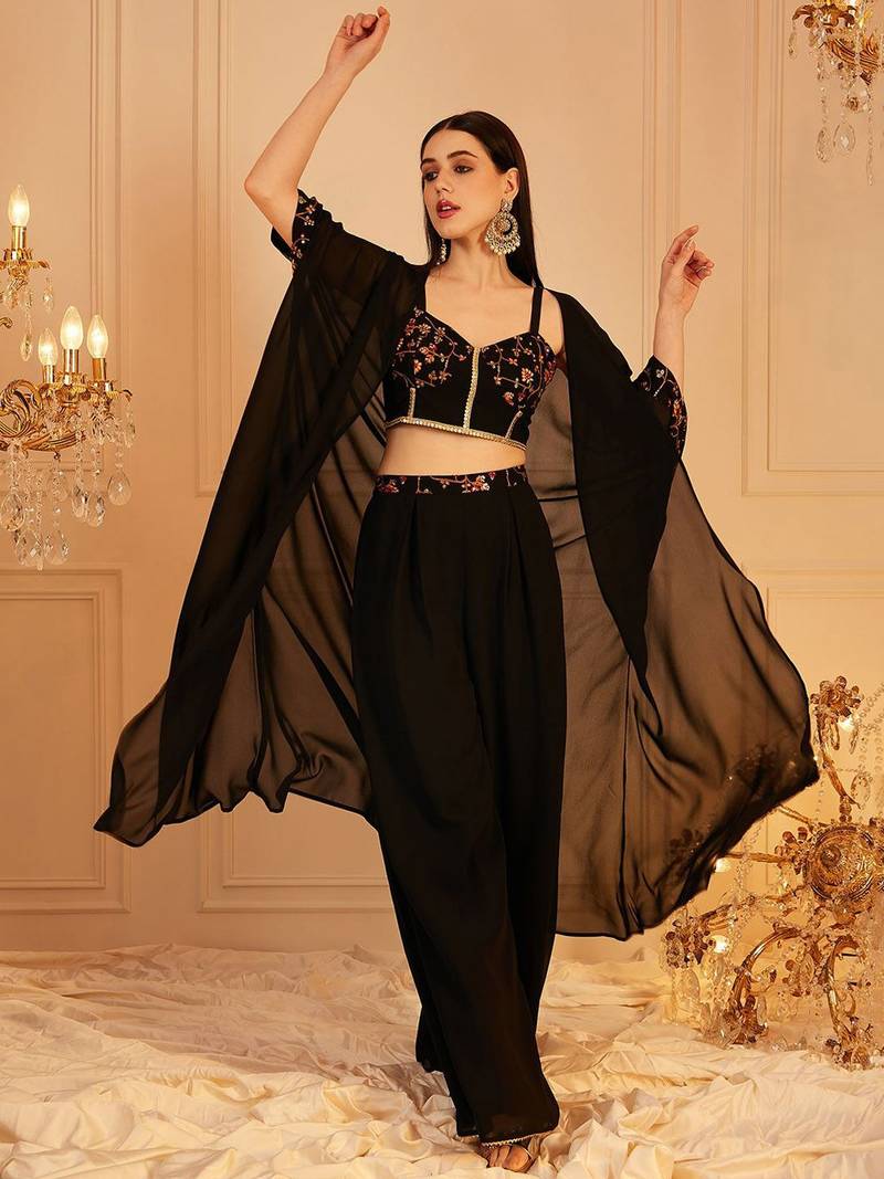 Embroidered Top & Palazzo With Shrug Co-Ords