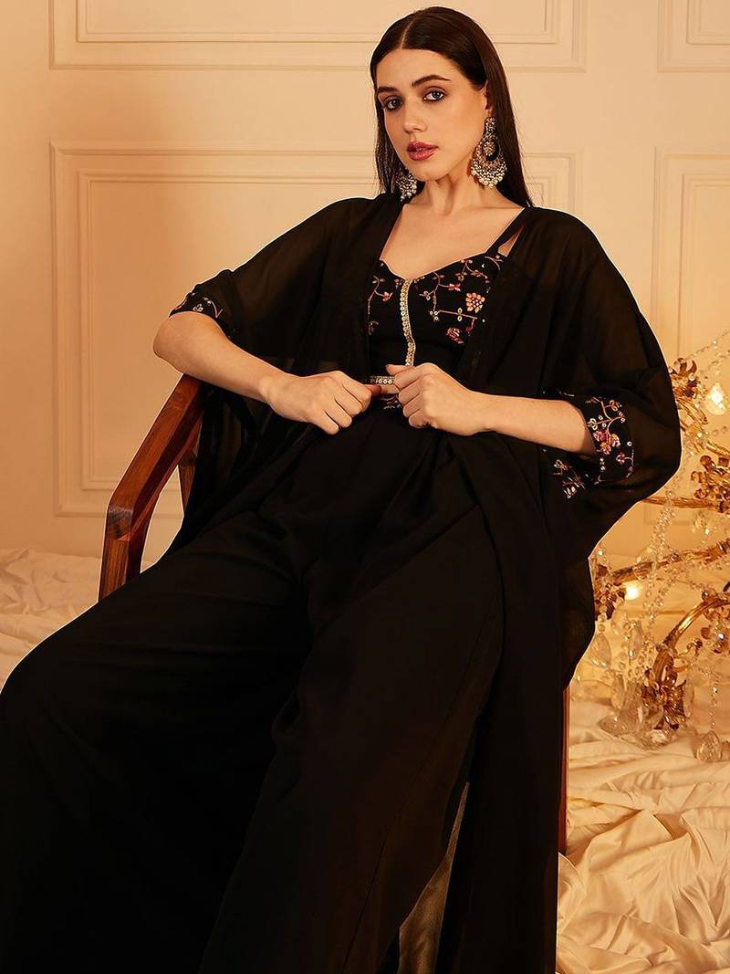 Embroidered Top & Palazzo With Shrug Co-Ords