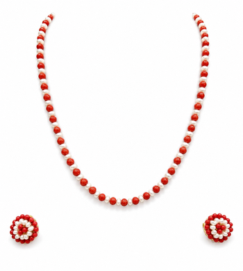 Red coral and pearl beaded necklace and earrings jewellery set 2