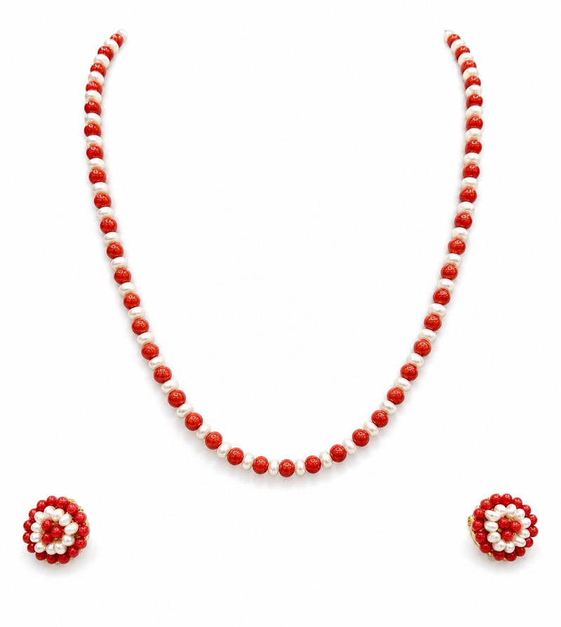 Red coral and pearl beaded necklace and earrings jewellery set