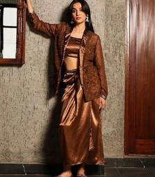 Brown Embellished Sleeveless Shrug With Top & Skirt Co-Ord Set