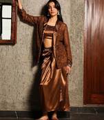 Brown Embellished Sleeveless Shrug With Top & Skirt Co-Ord Set