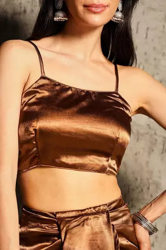 Brown Embellished Sleeveless Shrug With Top & Skirt Co-Ord Set