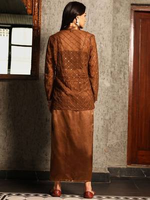 Brown Embellished Sleeveless Shrug With Top & Skirt Co-Ord Set 3