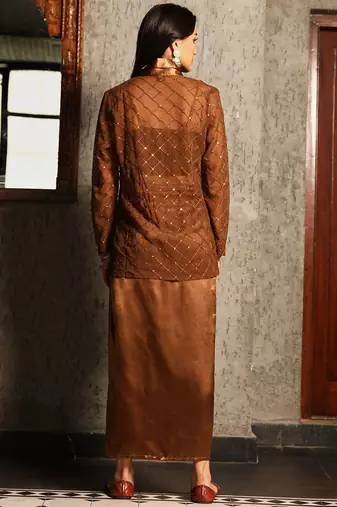Brown Embellished Sleeveless Shrug With Top & Skirt Co-Ord Set