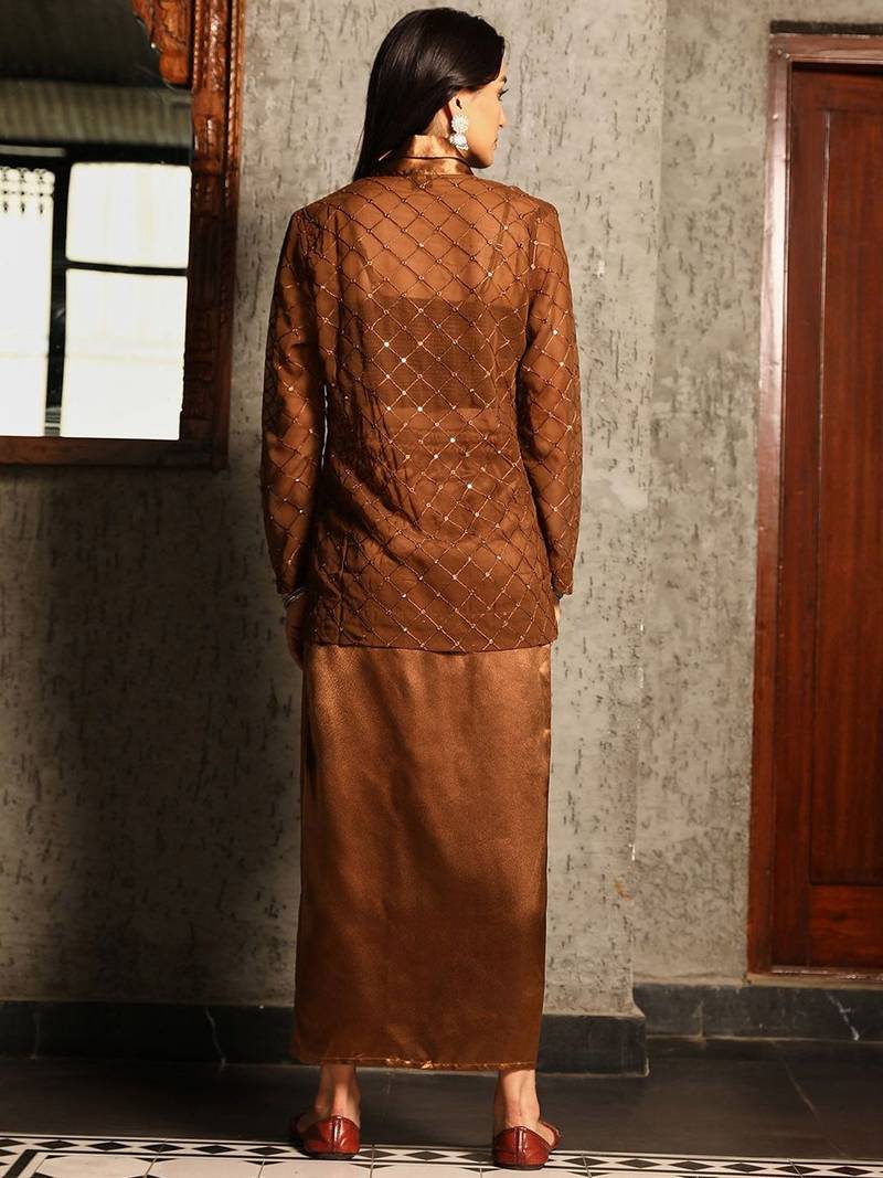 Brown Embellished Sleeveless Shrug With Top & Skirt Co-Ord Set