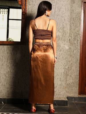 Brown Embellished Sleeveless Shrug With Top & Skirt Co-Ord Set 4