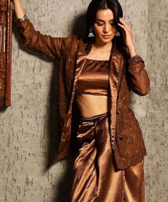 Brown Embellished Sleeveless Shrug With Top & Skirt Co-Ord Set 7