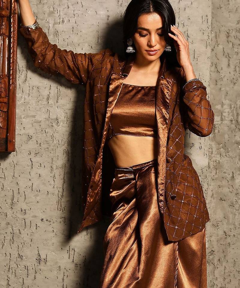 Brown Embellished Sleeveless Shrug With Top & Skirt Co-Ord Set