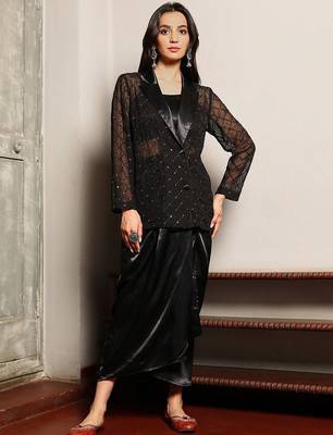 Black Embellished Shirt Collar Top & Skirt With Jacket Co-Ord Set 1