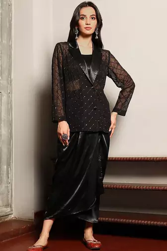 Black Embellished Shirt Collar Top & Skirt With Jacket Co-Ord Set