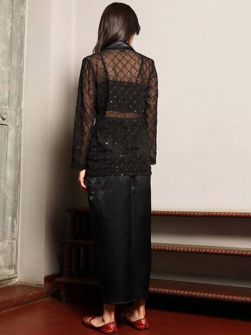 Black Embellished Shirt Collar Top & Skirt With Jacket Co-Ord Set